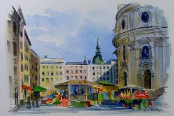 Plaza and University Church, Salzburg Austria - Watercolor Painting by Richard Moore