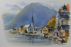 Watercolor Painting of Halstatt, Austria by Richard Moore