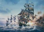 Watercolor Painting of a Battle between a French Frigate and an English Ship of the Line