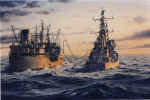 Watercolor Painting of the Destroyer USS King being fueled by the USS Cacapon