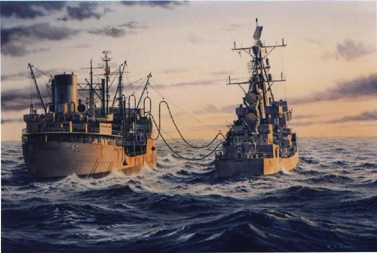 Watercolor of the Oiler Cacapon Fuling the USS King - Artist Ricahrd C Moore