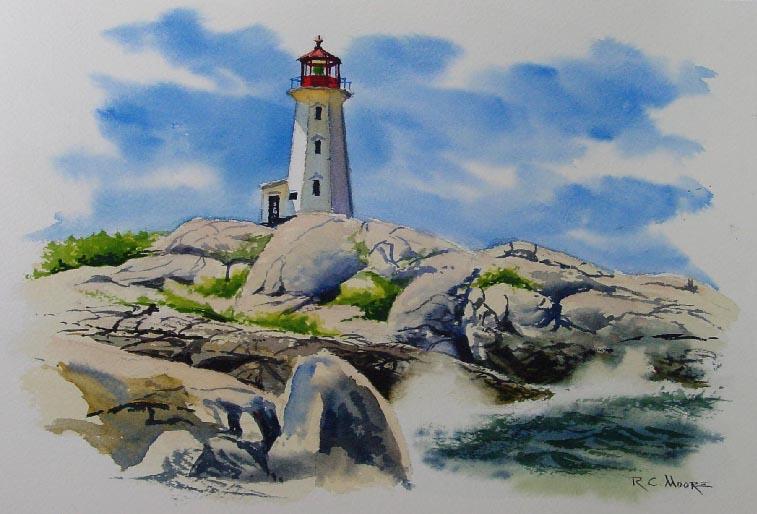 Watercolor Painting of Peggy's Cove Lighthouse in Nova Scotia, Canada
