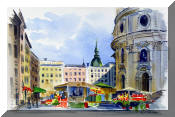 Watercolor Painting of Plaza and University Church, Salzburg, Austria