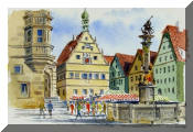 Watercolor Painting of Town Square, Rothenburg Germany