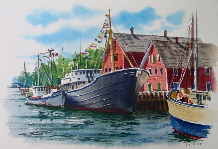 Watercolor Painting of Fisheries Museum in Lunenburg Nova Scotia by Richard Moore