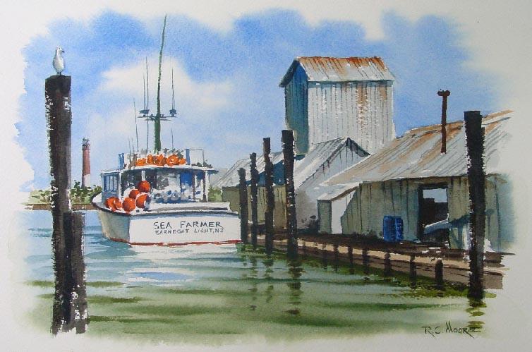 Watercolor Painting of a Tuna Boat in Barnegate Light New Jersey by Richard Moore