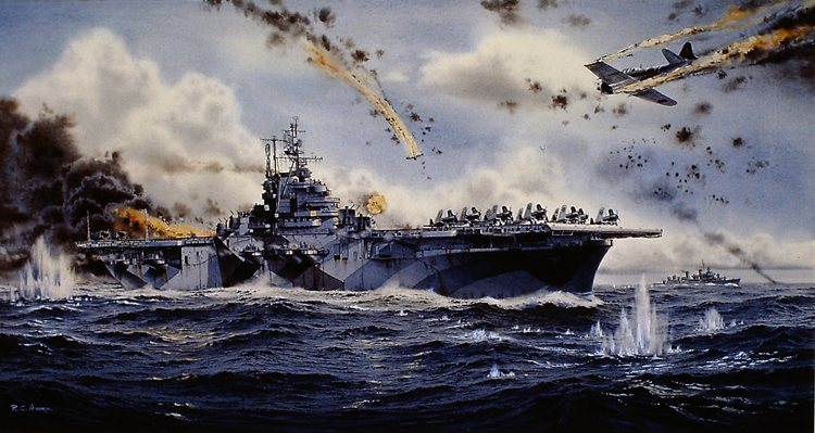 Oil Painting USS Intrepid at Okinawa - Richard Moore