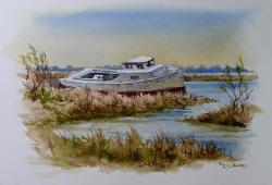 Abandon Boat in Poquoson Virginai - Watercolor Painting by Richard Moore